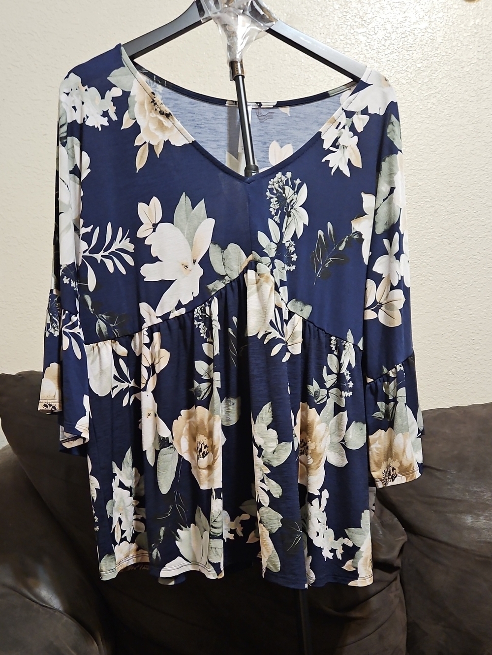 Navy Floral V-Neck Babydoll Tunic Top